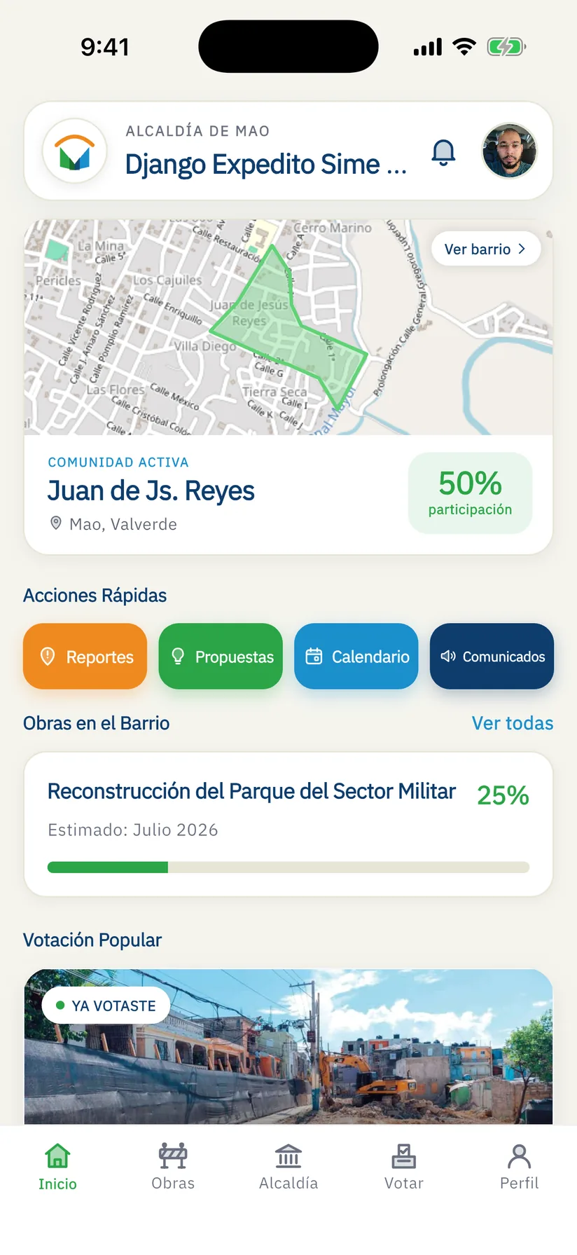 MAO Planifica home screen: neighborhood map, quick actions and public works in progress