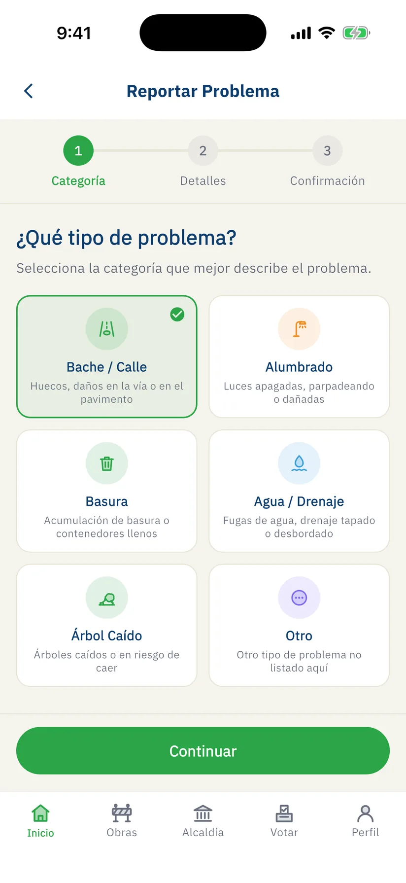 Screen for creating a citizen report by category