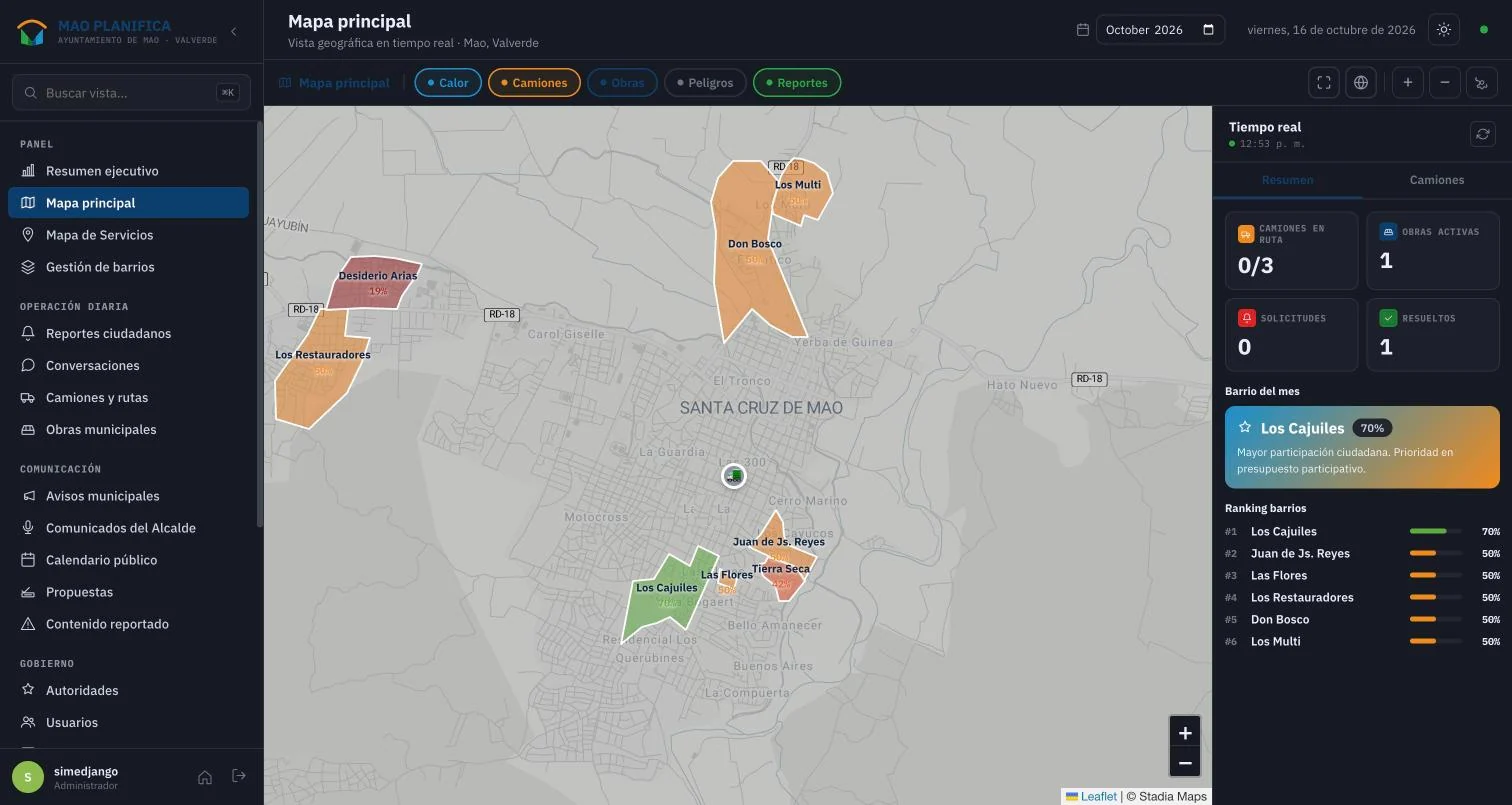 Web control panel: live city map with neighborhoods, garbage trucks and real-time summary